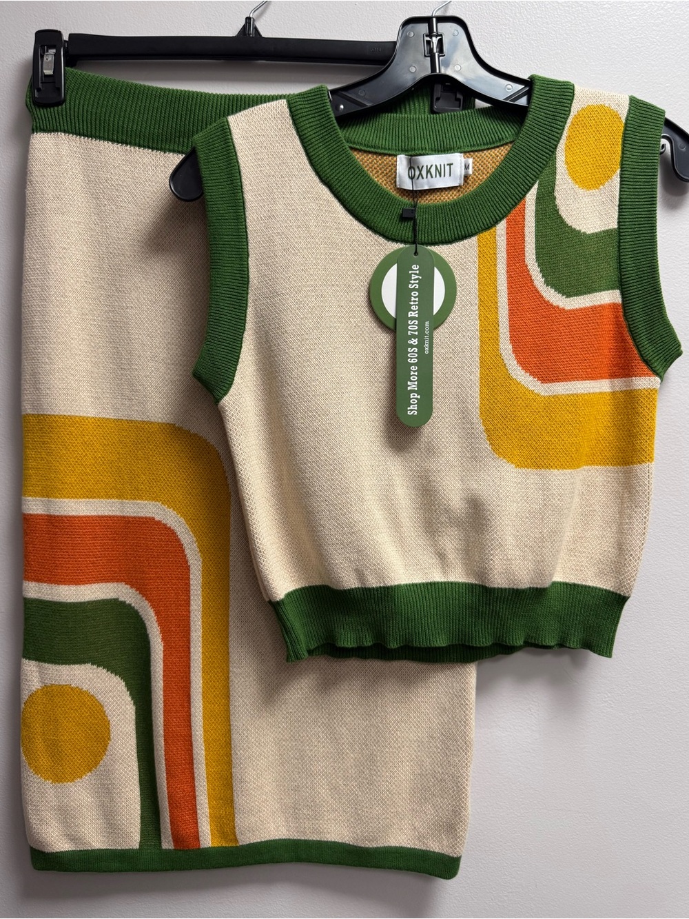 NWT 2-Piece OXKNIT Set - Cream/Green/Orange/Yellow Retro Knit Vest + Skirt Set M